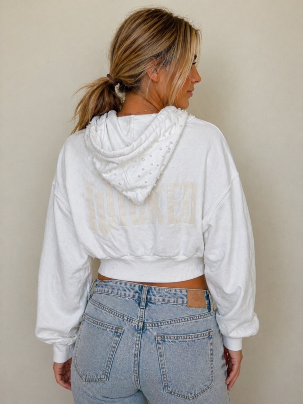 Wicked Hoodie Paul Tazewell Collection MD Cropped Zip Pearl Detail White Women’s